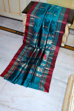 Traditional Bishnupuri Swarnachari Pure Silk Saree in Deep Teal and Dark Red