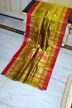 Traditional Bishnupuri Swarnachari Pure Silk Saree in Burnt Yellow and Vivid Auburn