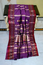 Traditional Bishnupuri Swarnachari Pure Silk Saree in Byzantium Purple, Wine Red and Matt Gold