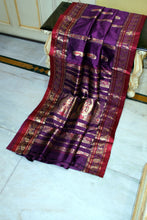 Traditional Bishnupuri Swarnachari Pure Silk Saree in Byzantium Purple, Wine Red and Matt Gold