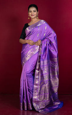 Handwoven Swarnachari Pure Silk Saree in Deep Lilac, Dark Blue and Matt Gold