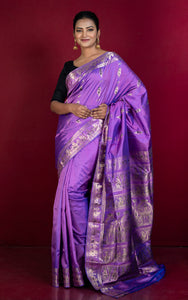 Handwoven Swarnachari Pure Silk Saree in Deep Lilac, Dark Blue and Matt Gold