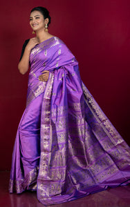 Handwoven Swarnachari Pure Silk Saree in Deep Lilac, Dark Blue and Matt Gold