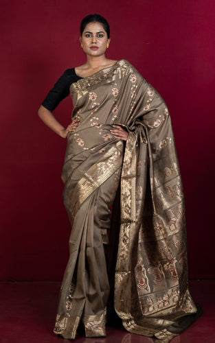 Handwoven Swarnachari Pure Silk Saree in Ashen Brown, Maroon and Matt Gold