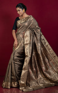 Handwoven Swarnachari Pure Silk Saree in Ashen Brown, Maroon and Matt Gold