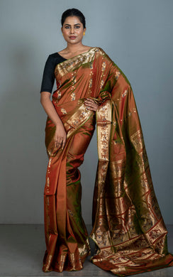 Handwoven Swarnachari Pure Silk Saree in Sienna Brown with Greenish Tinge, Navy Blue and Matt Gold