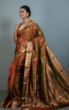 Handwoven Swarnachari Pure Silk Saree in Sienna Brown with Greenish Tinge, Navy Blue and Matt Gold