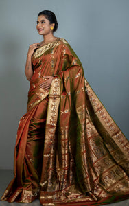 Handwoven Swarnachari Pure Silk Saree in Sienna Brown with Greenish Tinge, Navy Blue and Matt Gold