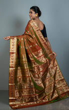 Handwoven Swarnachari Pure Silk Saree in Sienna Brown with Greenish Tinge, Navy Blue and Matt Gold