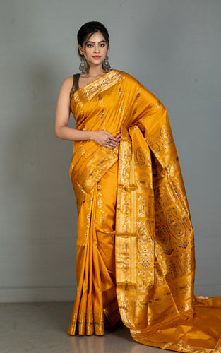 Handwoven Swarnachari Pure Silk Saree in Bee Yellow, Dark Brown and Matte Golden