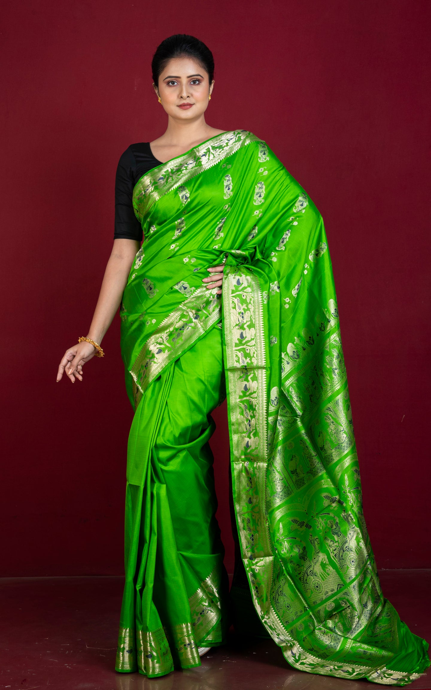 Handwoven Swarnachari Pure Silk Saree in Bright Green, Navy Blue and Matt Gold