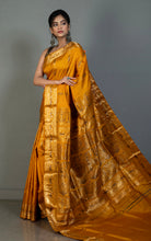 Handwoven Swarnachari Pure Silk Saree in Bee Yellow, Dark Brown and Matte Golden