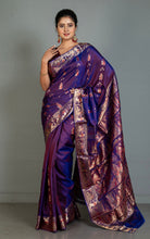 Handwoven Swarnachari Pure Silk Saree in Dark Indigo Purple, Red and Matte Golden