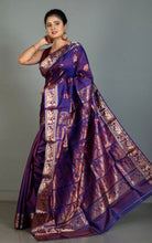 Handwoven Swarnachari Pure Silk Saree in Dark Indigo Purple, Red and Matte Golden