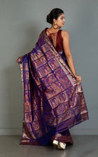 Handwoven Swarnachari Pure Silk Saree in Dark Indigo Purple, Red and Matte Golden