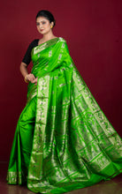 Handwoven Swarnachari Pure Silk Saree in Bright Green, Navy Blue and Matt Gold