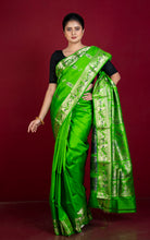 Handwoven Swarnachari Pure Silk Saree in Bright Green, Navy Blue and Matt Gold