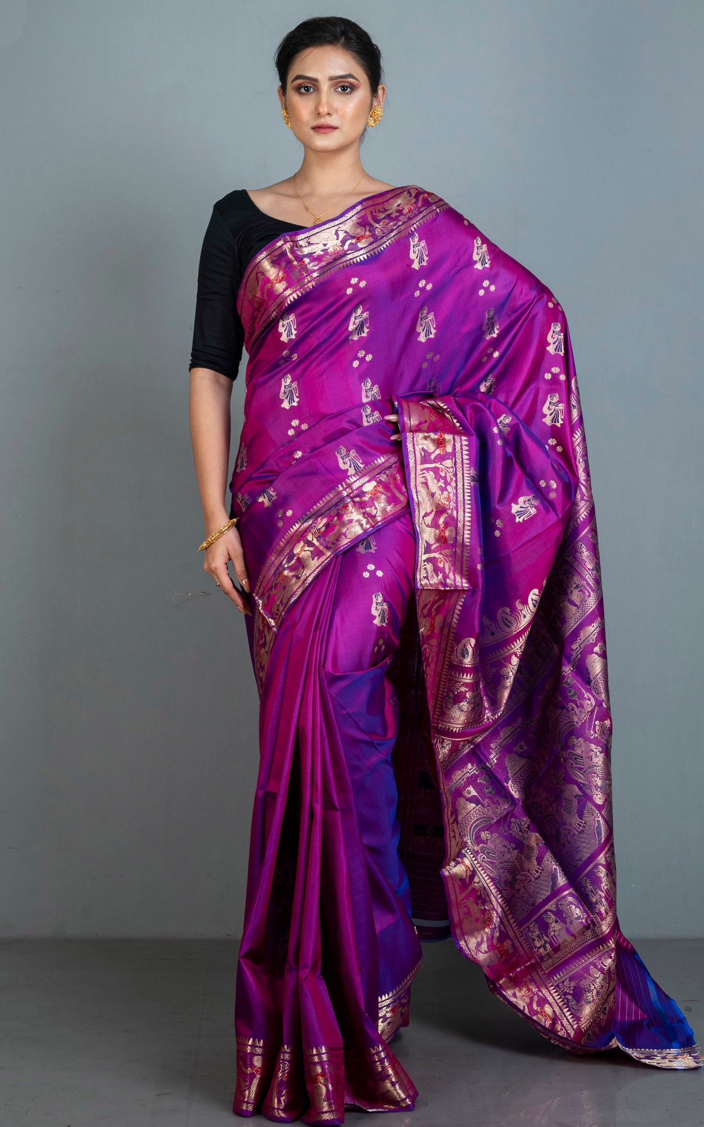 Handwoven Swarnachari Pure Silk Saree in Purple, Navy Blue, Red and Matt Gold