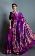 Handwoven Swarnachari Pure Silk Saree in Purple, Navy Blue, Red and Matt Gold