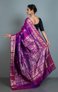 Handwoven Swarnachari Pure Silk Saree in Purple, Navy Blue, Red and Matt Gold