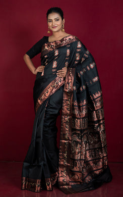 Handwoven Swarnachari Pure Silk Saree in Black, Off White and Copper