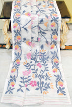 Bengal's Pride Premium Hand Woven Jangla Jaal Work Cotton Dhakai Jamdani Saree in Off White, Black, Amber, Taffy Pink and Hot Pink Thread Work