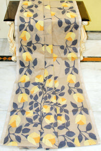 Bengal's Pride Premium Hand Woven Jangla Jaal Work Cotton Dhakai Jamdani Saree in Light Khaki, Dual Tone Yellow, Amber and Black Thread Work