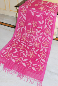 Bengal's Pride Premium Hand Woven Jangla Jaal Work Cotton Dhakai Jamdani Saree in Persian Pink, Beige and Off White Thread Work