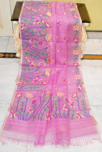 Bengal's Pride Premium Hand Woven Jangla Jaal Work Muslin Silk Dhakai Jamdani Saree in Purplish Pink and Multicolored Thread Work