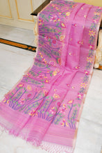 Bengal's Pride Premium Hand Woven Jangla Jaal Work Muslin Silk Dhakai Jamdani Saree in Purplish Pink and Multicolored Thread Work
