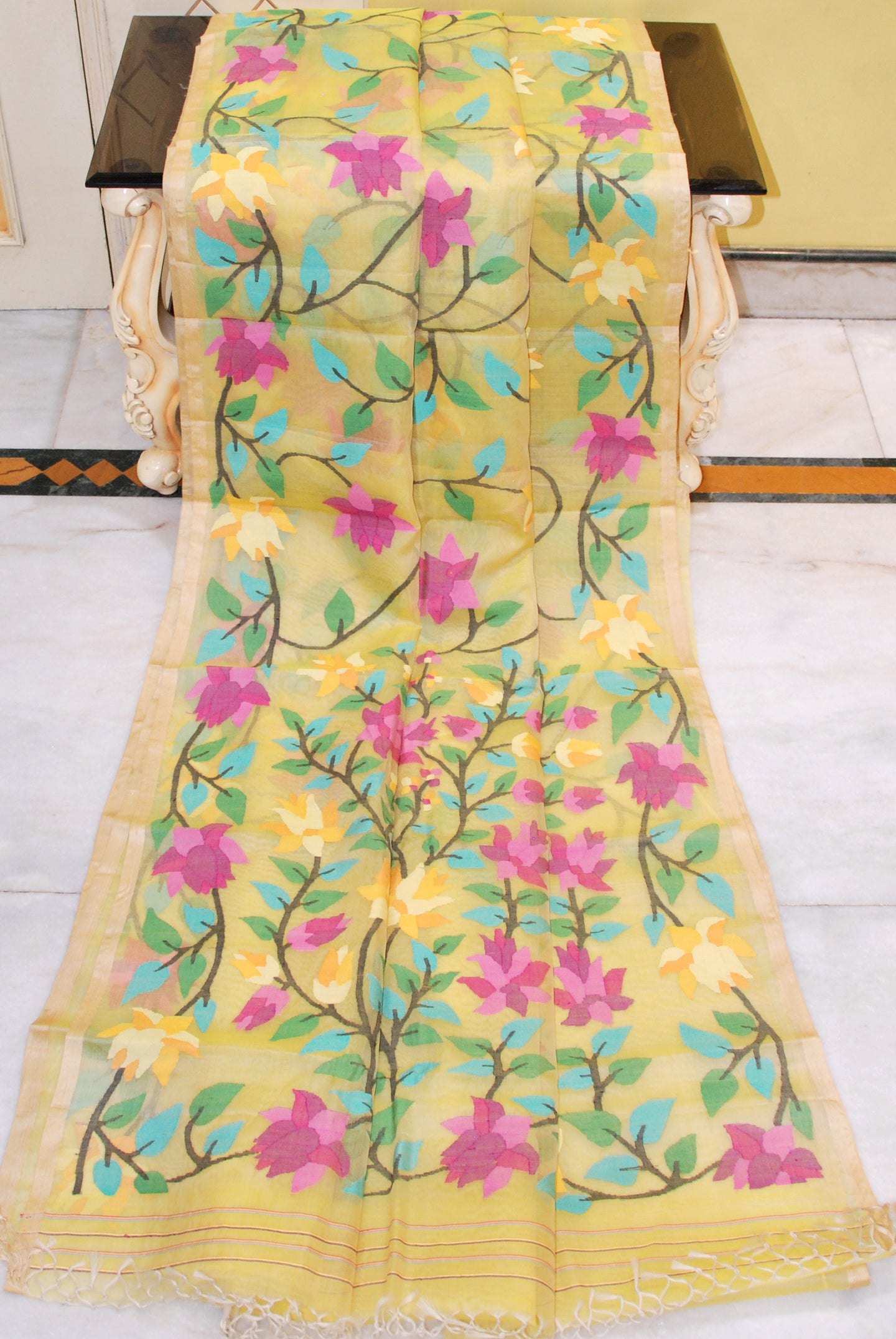 Bengal's Pride Premium Hand Woven Jangla Jaal Work Muslin Silk Dhakai Jamdani Saree in Pastel Yellow and Multicolored Thread Work