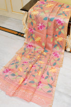 Bengal's Pride Premium Hand Woven Jangla Jaal Work Muslin Silk Dhakai Jamdani Saree in Rosy Peach and Multicolored Thread Work