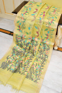 Bengal's Pride Premium Hand Woven Jangla Jaal Work Muslin Silk Dhakai Jamdani Saree in Pastel Lime Green and Multicolored Minakari Woven Thread Work