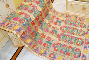Bengal's Pride Premium Hand Woven Brocade Jamdani Work Muslin Silk Dhakai Saree in Beige and Multicolored