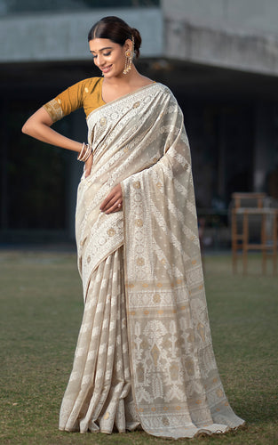 Tantuja Inspired Traditional Karat Nakshi Work Soft Jamdani Saree in Beige, Off White and Mustard