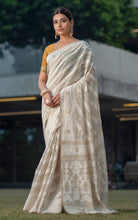 Tantuja Inspired Traditional Karat Nakshi Work Soft Jamdani Saree in Beige, Off White and Mustard