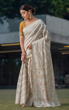 Tantuja Inspired Traditional Karat Nakshi Work Soft Jamdani Saree in Beige, Off White and Mustard