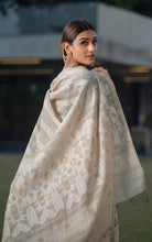 Tantuja Inspired Traditional Karat Nakshi Work Soft Jamdani Saree in Beige, Off White and Mustard