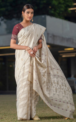 Tantuja Inspired Traditional Karat Nakshi Work Soft Jamdani Saree in Beige, Off White and Mauve