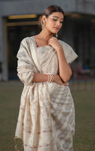 Tantuja Inspired Traditional Karat Nakshi Work Soft Jamdani Saree in Beige, Off White and Mauve