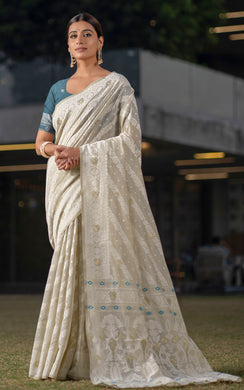 Tantuja Inspired Traditional Karat Nakshi Work Soft Jamdani Saree in Beige, Off White and Teal