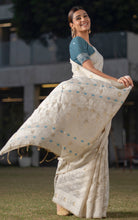 Tantuja Inspired Traditional Karat Nakshi Work Soft Jamdani Saree in Beige, Off White and Teal