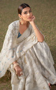 Tantuja Inspired Traditional Karat Nakshi Work Soft Jamdani Saree in Beige, Off White and Teal