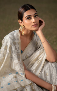 Tantuja Inspired Traditional Karat Nakshi Work Soft Jamdani Saree in Beige, Off White and Teal