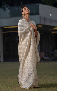 Tantuja Inspired Traditional Karat Nakshi Work Soft Jamdani Saree in Beige, Off White and Navy Blue