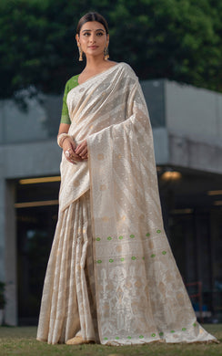 Tantuja Inspired Traditional Karat Nakshi Work Soft Jamdani Saree in Beige, Off White and Green