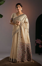 Soft Cotton Woven Ajrakh Jamdani Saree Thread Nakshi Work in Warm Beige and Multicolored