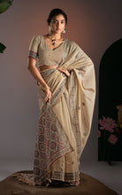 Soft Cotton Woven Ajrakh Jamdani Saree Thread Nakshi Work in Warm Beige and Multicolored