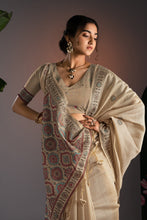 Soft Cotton Woven Ajrakh Jamdani Saree Thread Nakshi Work in Warm Beige and Multicolored