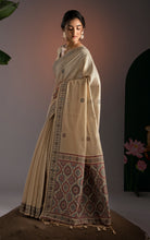 Soft Cotton Woven Ajrakh Jamdani Saree Thread Nakshi Work in Warm Beige and Multicolored